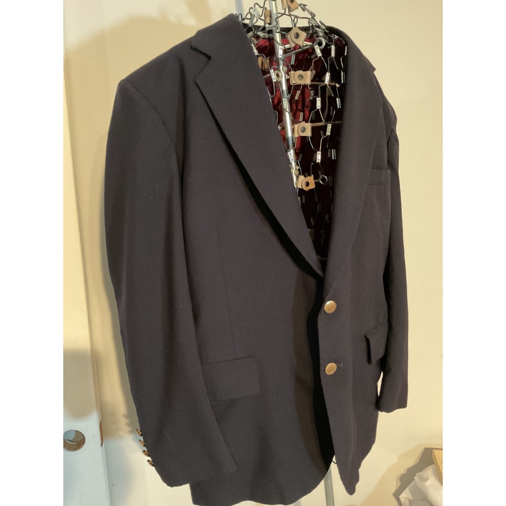 Savile Row Mens Navy Blue 100% Wool Blazer Gold Crest Buttons Tailored in USA